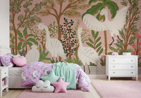 Egret wall mural with leafy plants, flowering branches, and tranquil river detail