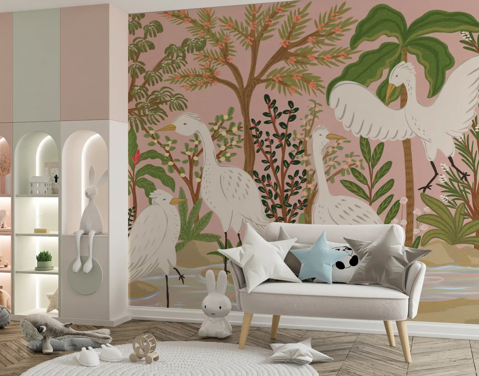 Botanical Oasis wall mural showing white birds beside soft flowing water