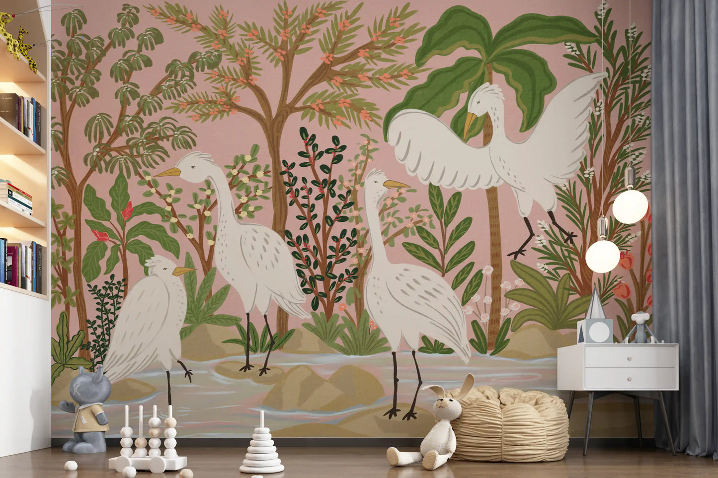 Kids room wall mural featuring Graceful Egrets in a peaceful waterside setting