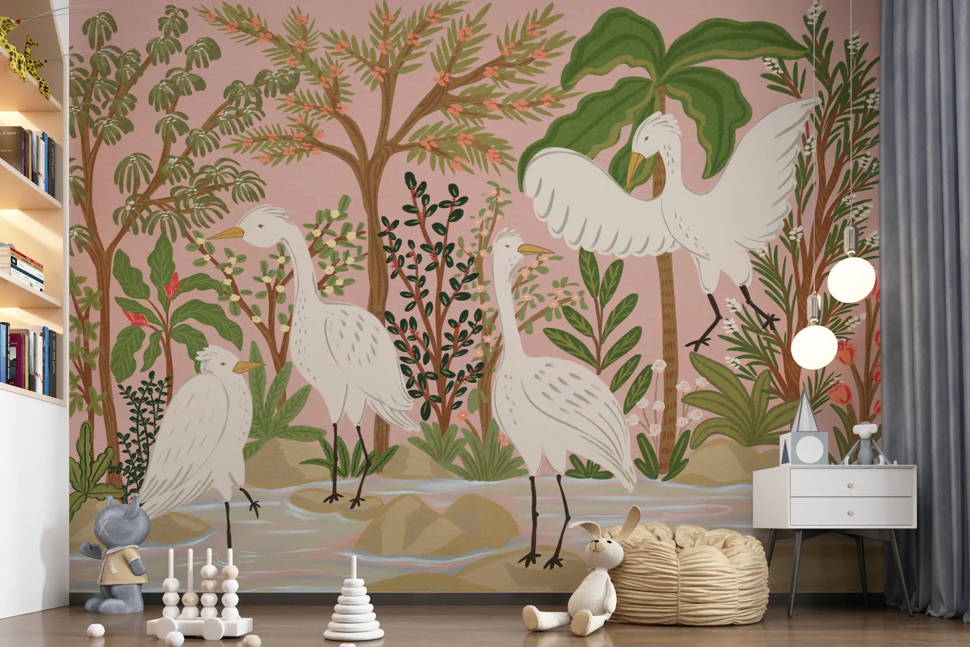 Kids room wall mural featuring Graceful Egrets in a peaceful waterside setting