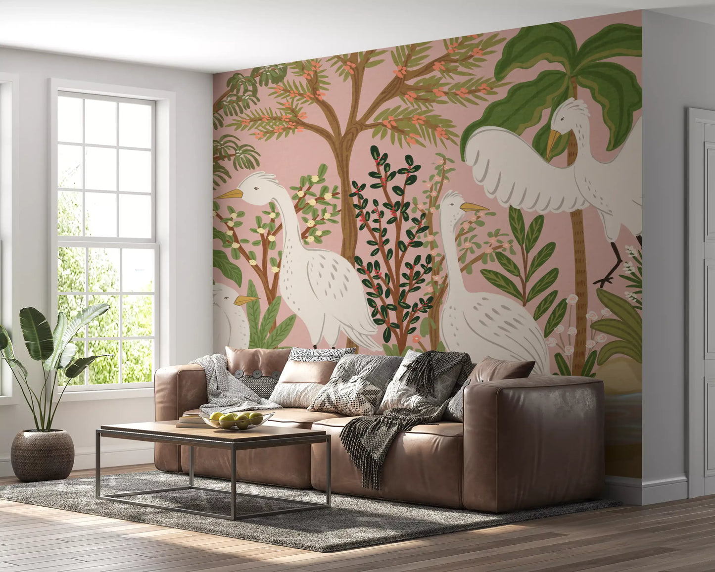 Living room wall mural showing Serene Botanical Oasis birds and lush greenery