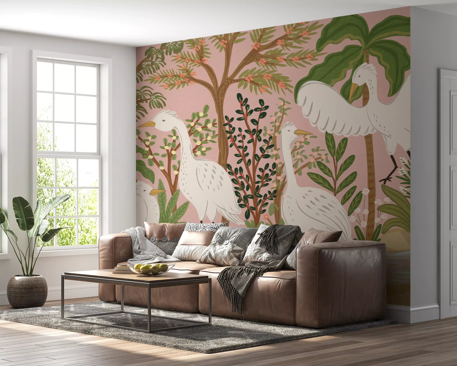 Living room wall mural showing Serene Botanical Oasis birds and lush greenery