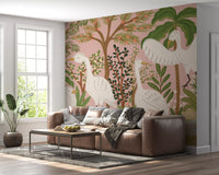 Living room wall mural showing Serene Botanical Oasis birds and lush greenery