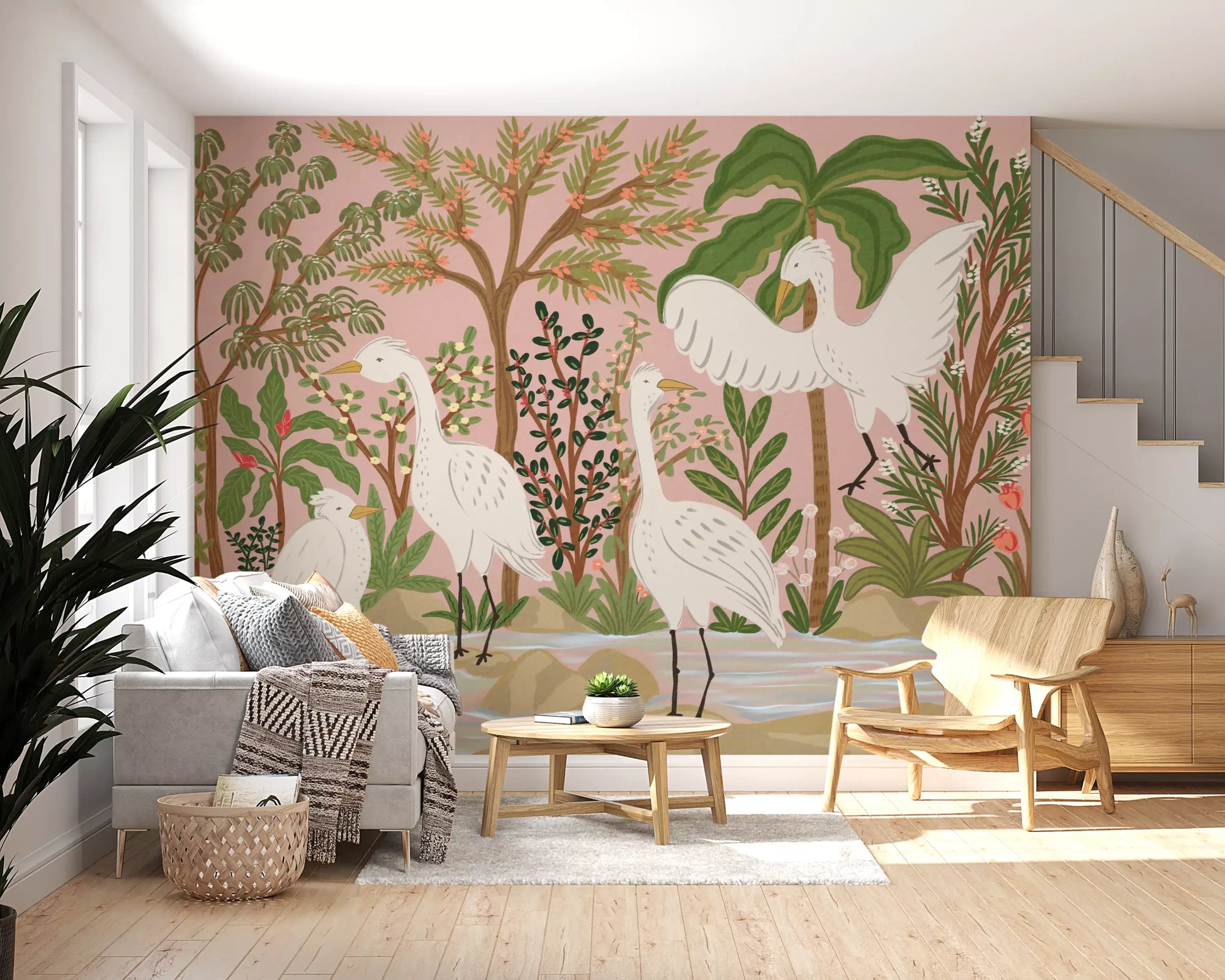 Living room wall mural using Serene Egrets artwork and calm tropical plants