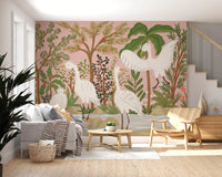 Living room wall mural using Serene Egrets artwork and calm tropical plants