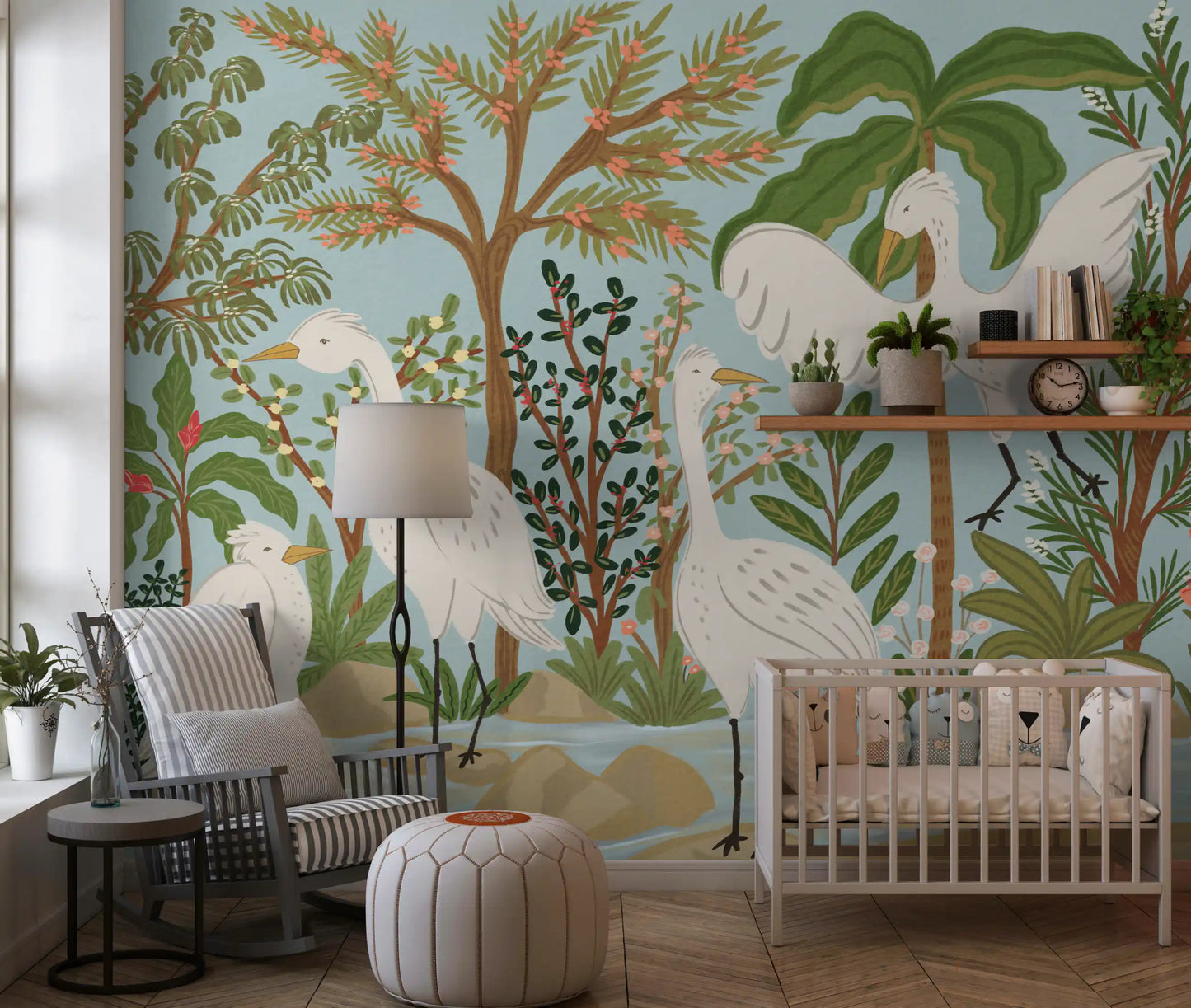 Nursery area wall mural showing Serene Jungle Dance egrets and tropical plants