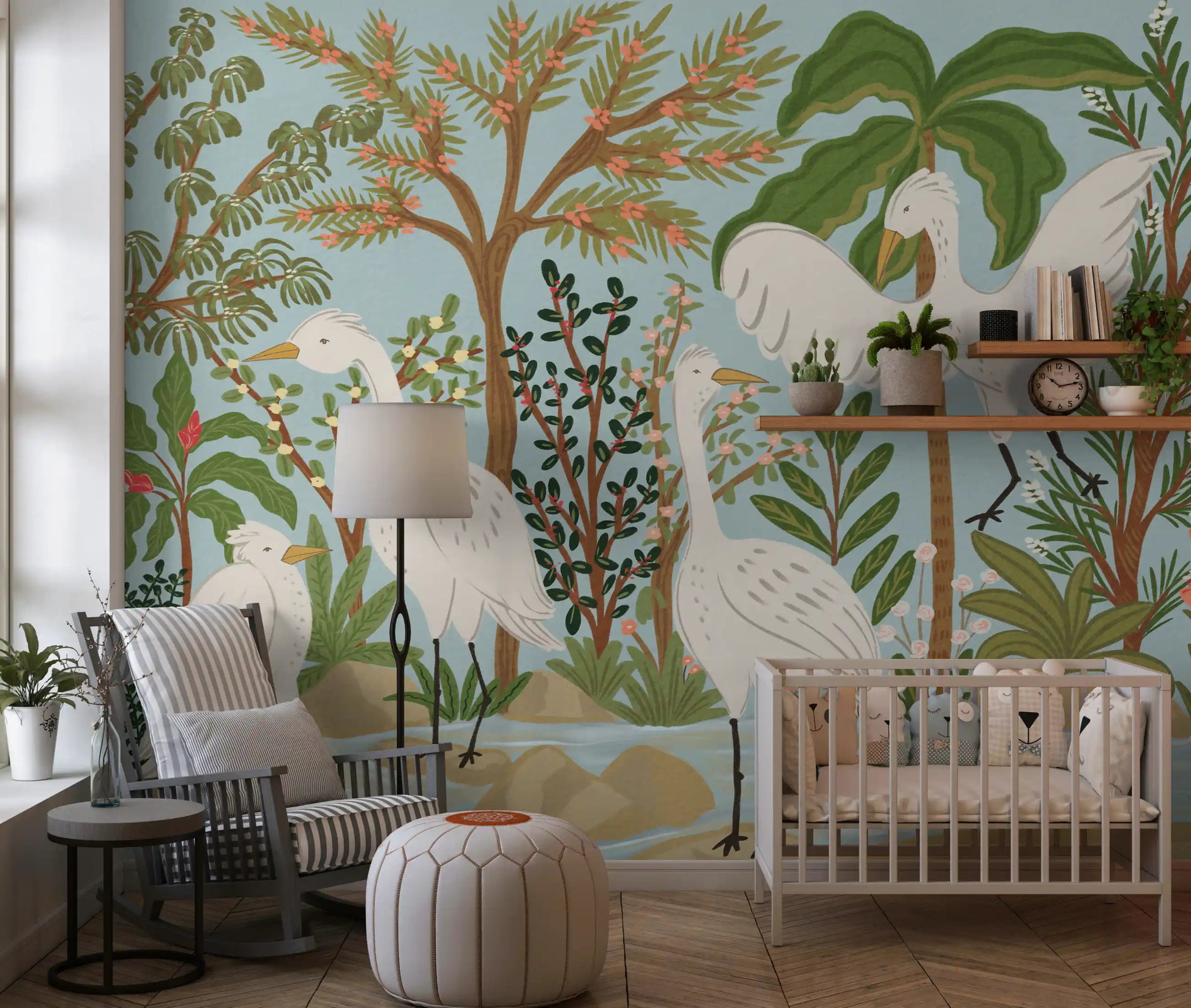 Nursery area wall mural showing Serene Jungle Dance egrets and tropical plants