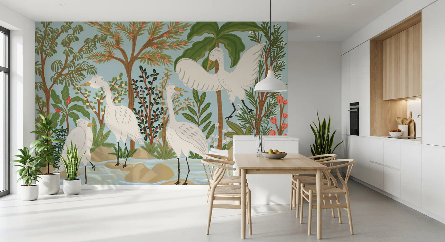 Nature wall mural with Serene Jungle foliage and graceful white egrets