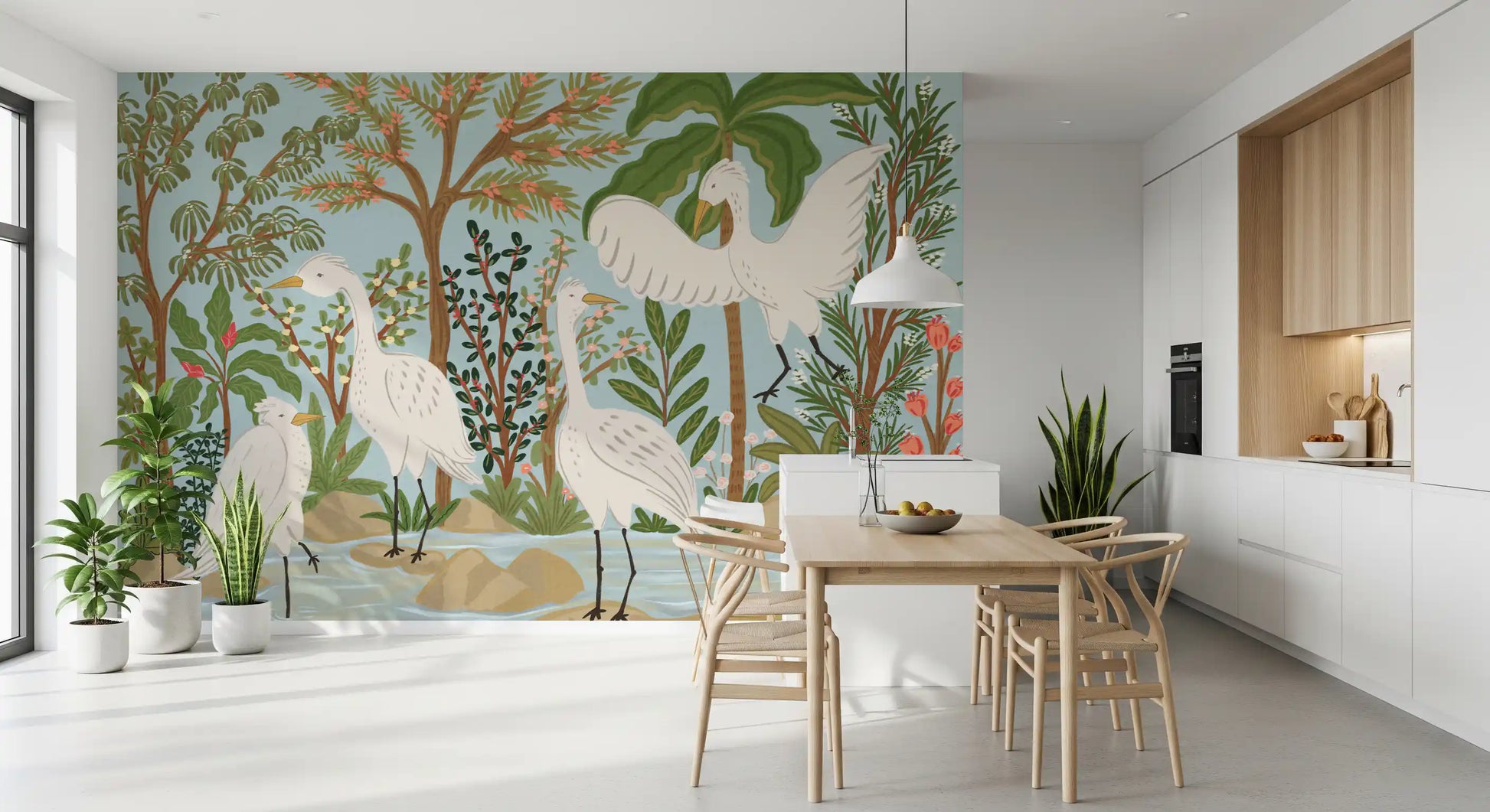 Nature wall mural with Serene Jungle foliage and graceful white egrets