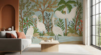 Serene Jungle Dance wall mural showing elegant egrets and soft blue water