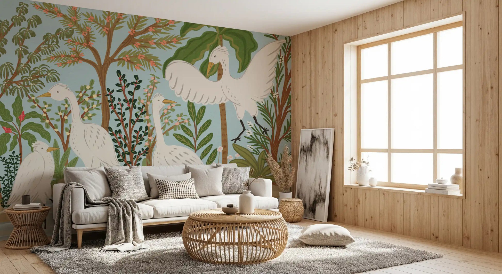 Hallway wall mural with River Egrets standing in calm blue water