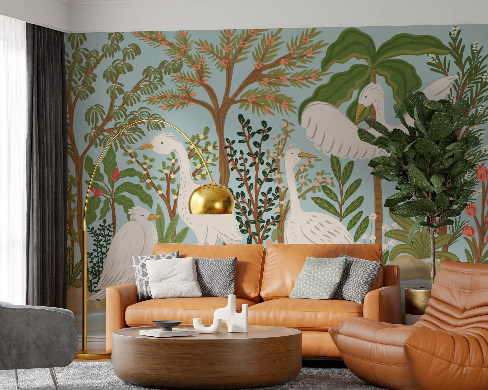 Egret wall mural with flowering branches, palm leaves, and riverside scenery