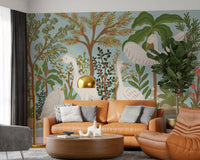 Egret wall mural with flowering branches, palm leaves, and riverside scenery