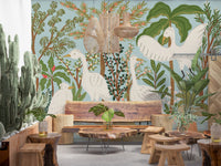 Cafe area wall mural with Serene Jungle egrets and botanical artwork