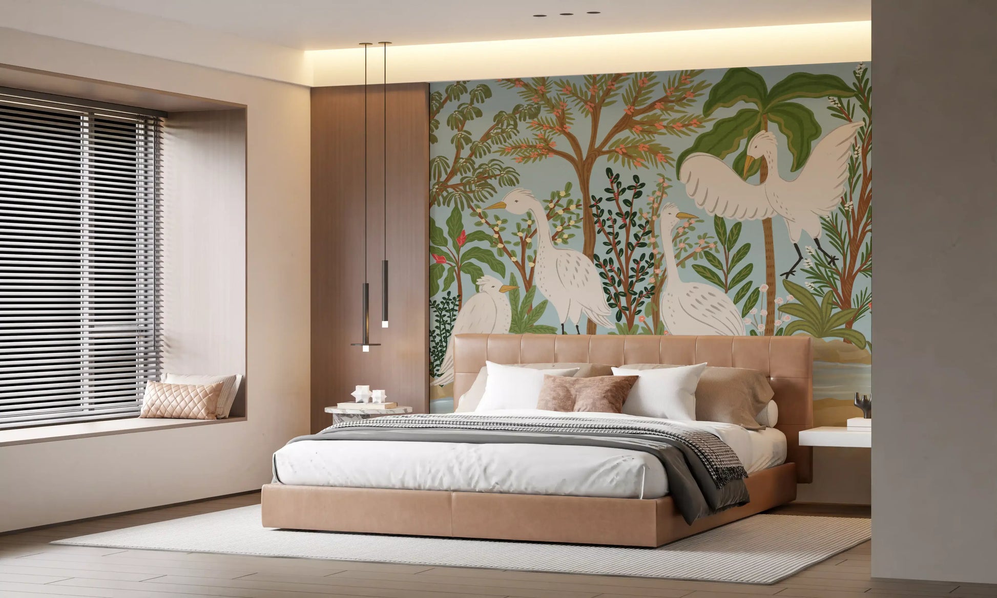 River Egrets wall mural with white birds, riverbank, and tropical greenery