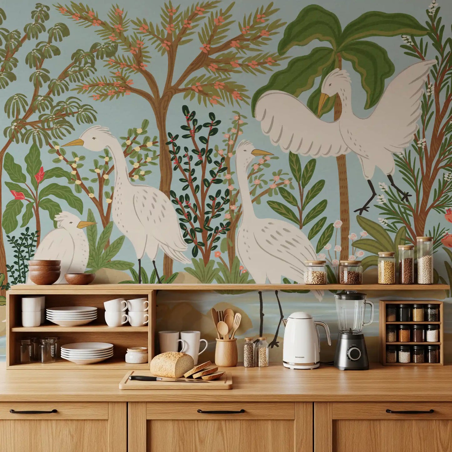 Tropical bird wall mural featuring River Egrets and lush botanical detail