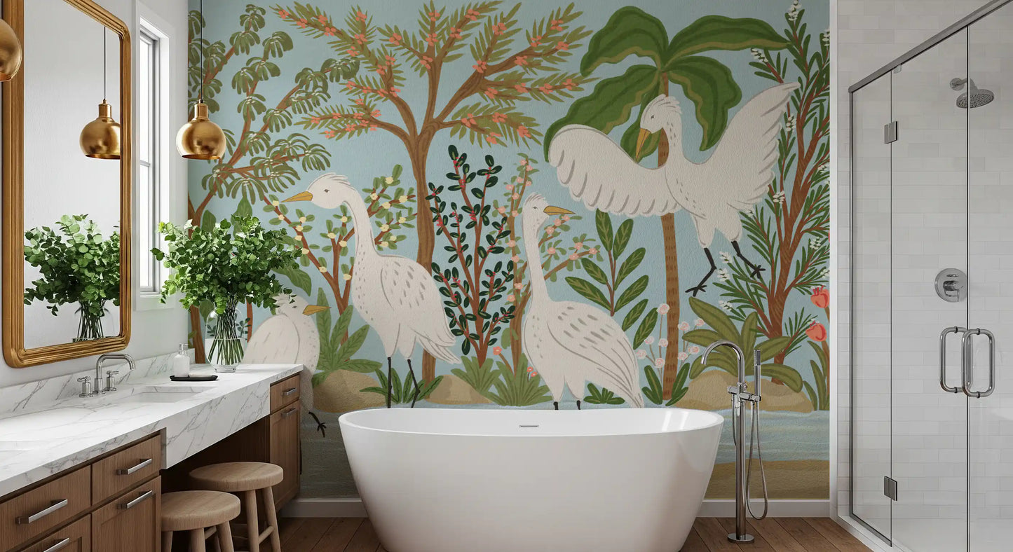 Bathroom wall mural featuring Jungle Dance birds and leafy riverside detail