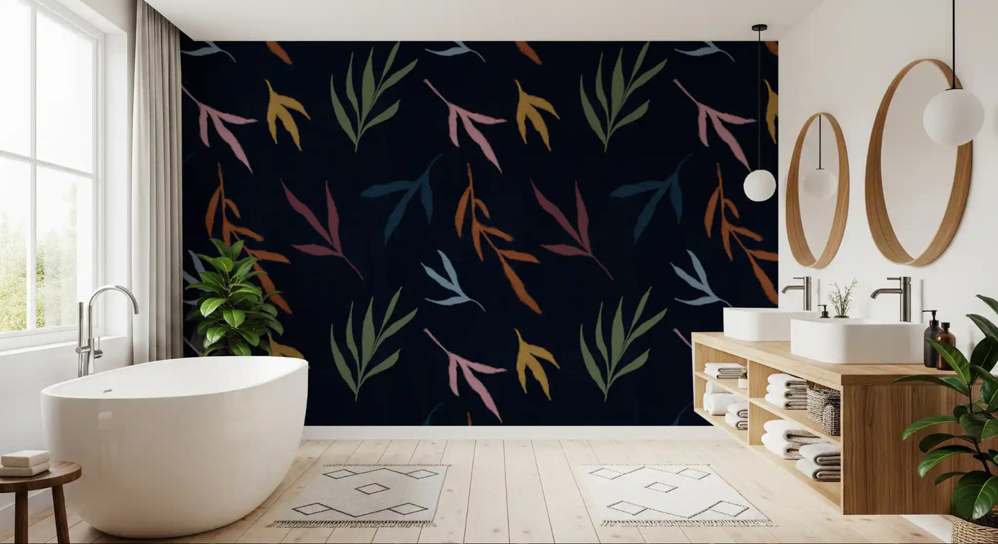 Bathroom wallpaper with painted botanical shapes on a navy-black base