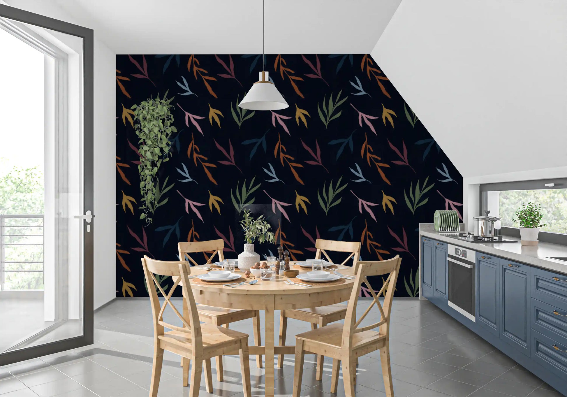 Dark tropical wallpaper carrying hand-painted leaves and earthy colour accents