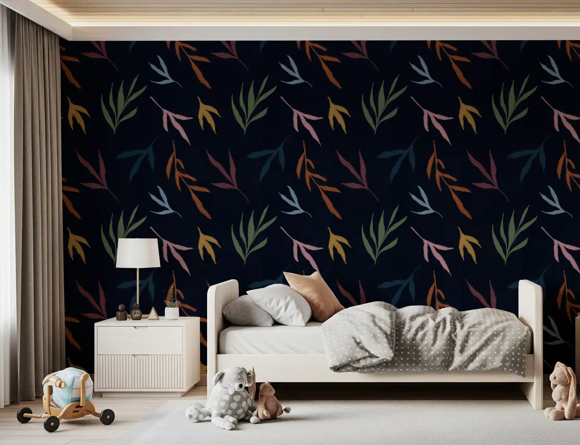Bedroom wallpaper showing painted leaves in moody tropical colours
