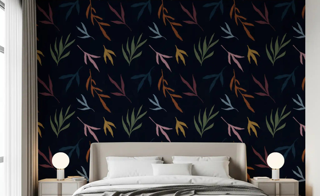 Bedroom wallpaper featuring Tropical Leaves Wallpaper in rich tones