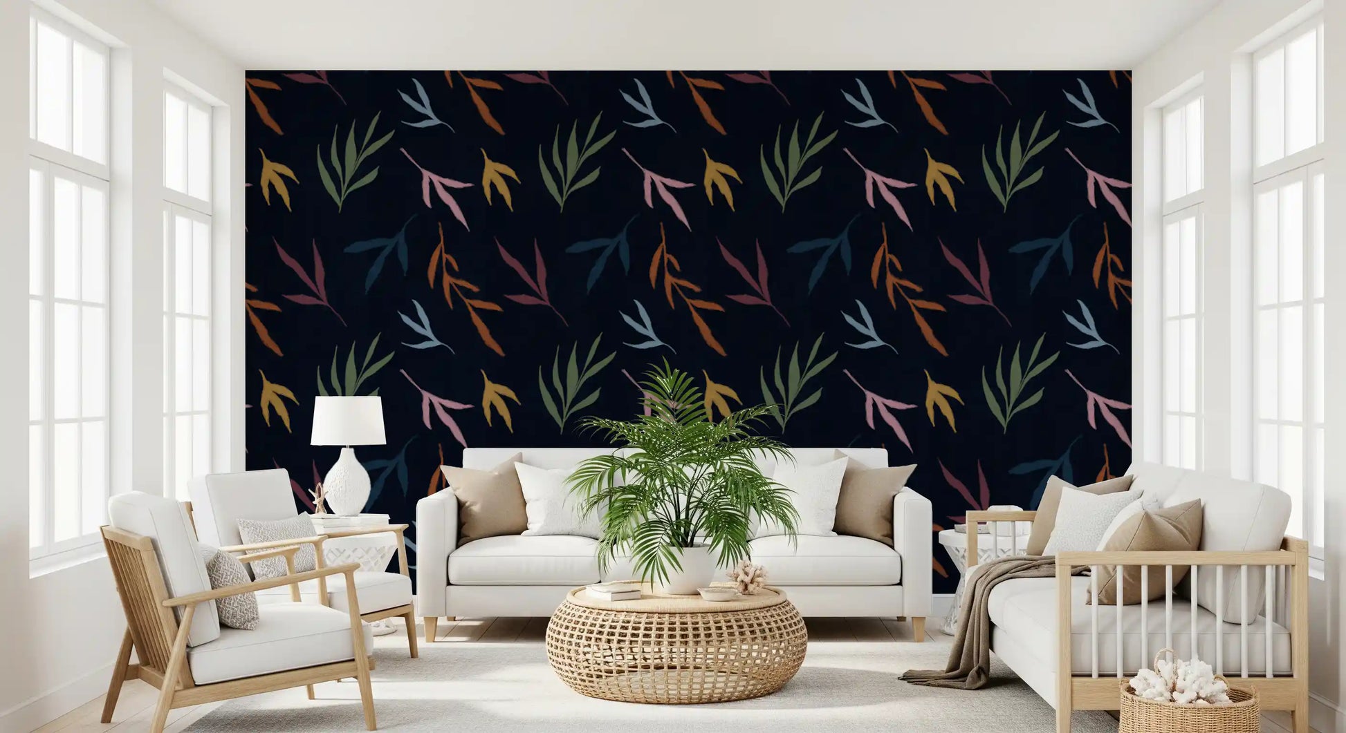 Painted leaf wallpaper featuring rust, ocher, green, and pale blue detail