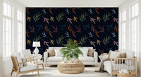 Painted leaf wallpaper featuring rust, ocher, green, and pale blue detail