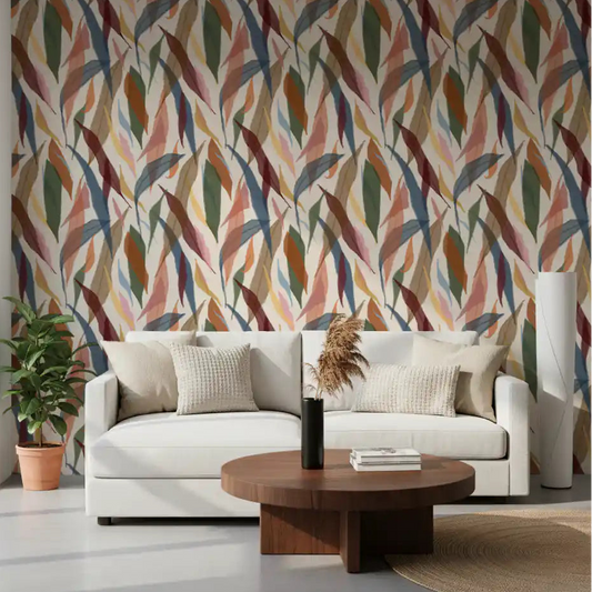 Living room with Tropical Painted Foliage wallpaper and soft leaf layers