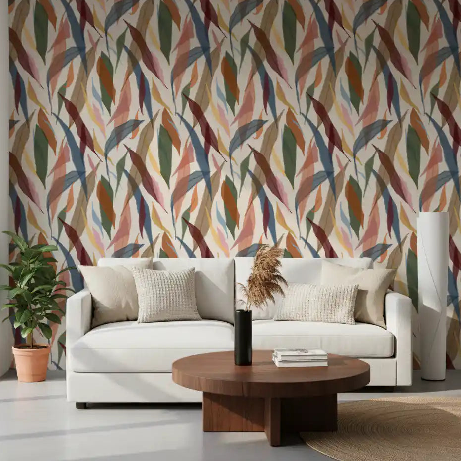 Living room with Tropical Painted Foliage wallpaper and soft leaf layers