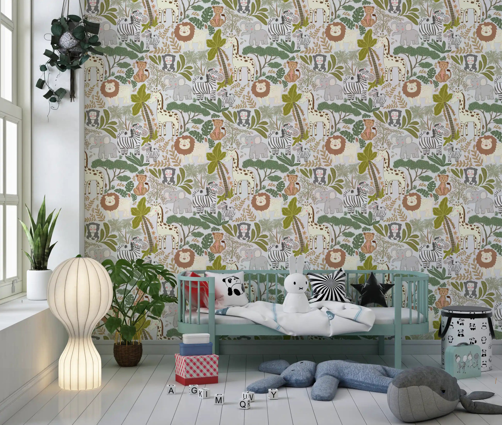 Nursery wallpaper showing Safari Pals giraffe, zebra, and elephant art