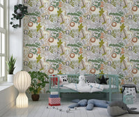 Nursery wallpaper showing Safari Pals giraffe, zebra, and elephant art