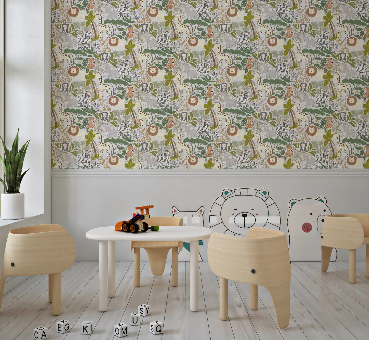 Reading nook wallpaper with Whimsical Jungle animals and soft tones