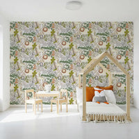 Safari kids wallpaper with sage leaves, beige tones, and zoo characters