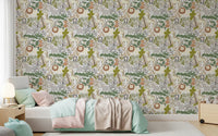 Kids room wallpaper with Safari Friends animals and soft jungle leaves