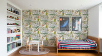 Reading nook wallpaper featuring soft wildlife and natural green accents