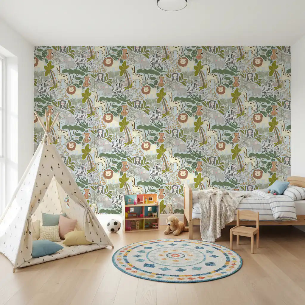 Playroom wallpaper featuring Safari Pals Wallpaper and animal pattern