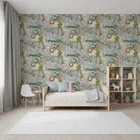 Kids room wallpaper with Gentle Safari Pals and soft jungle animals