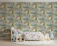 Bedroom wallpaper with Gentle Safari lions and leafy jungle detail