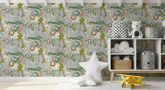 Nursery wallpaper showing Safari Pals giraffe, zebra, and elephant art
