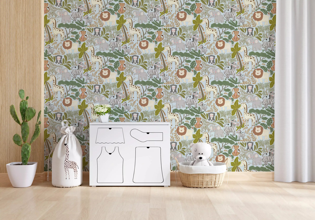 Gentle Safari Pals Wallpaper with giraffes, lions, and soft greenery