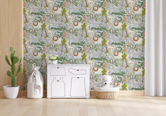 Gentle Safari Pals Wallpaper with giraffes, lions, and soft greenery