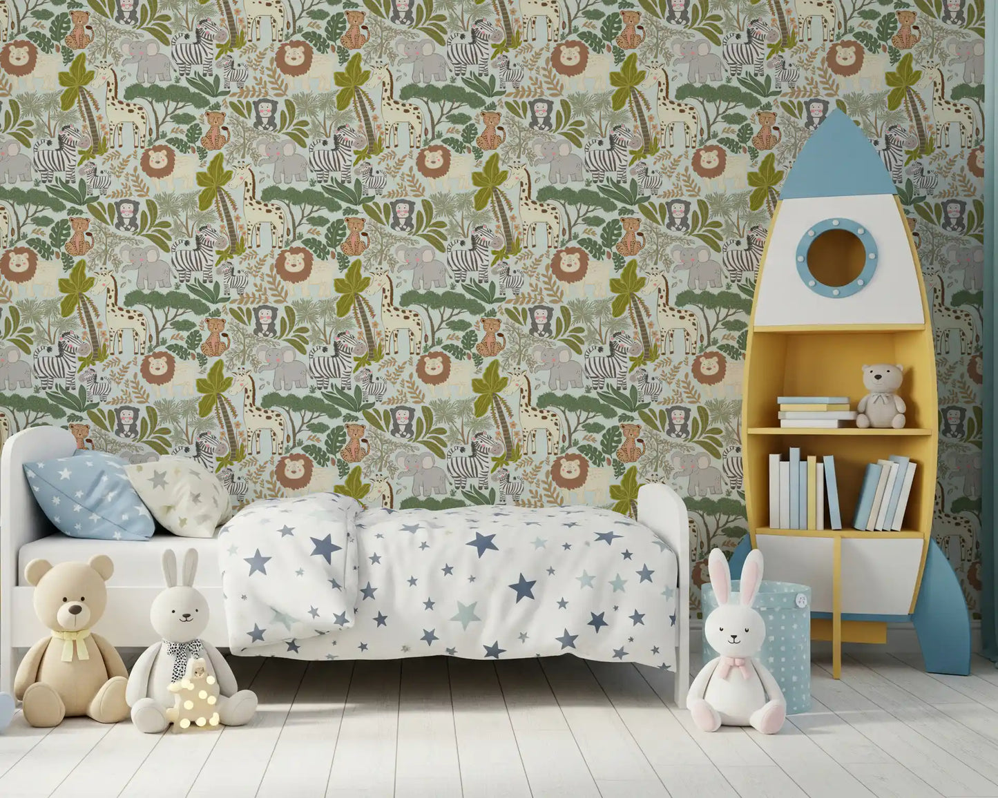 Enchanted Jungle Crew Wallpaper with zebras, monkeys, palms, and trees