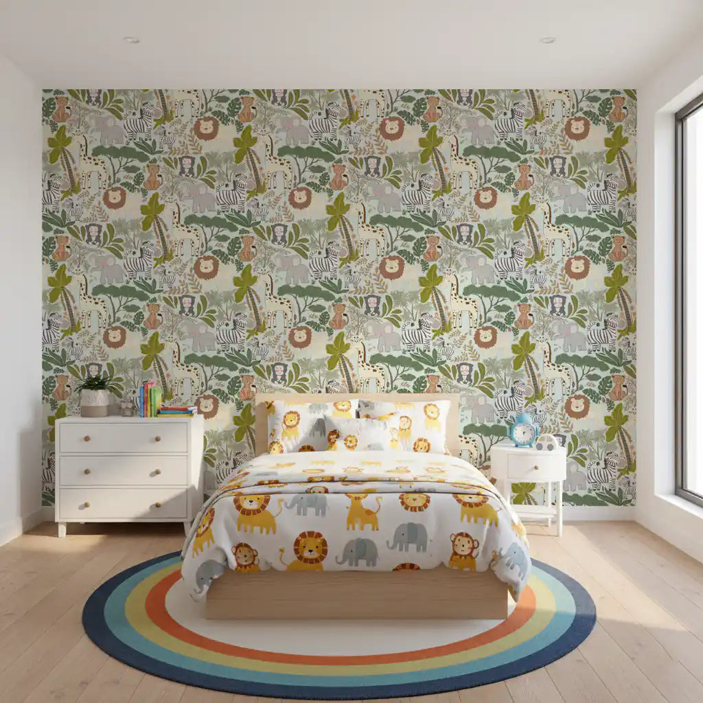 Jungle Crew Wallpaper showing giraffe spots, zebra stripes, and leaves