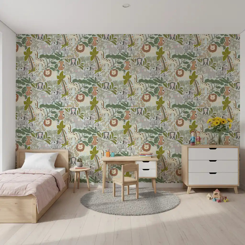Reading corner with Jungle Animal Wallpaper and gentle botanical shapes