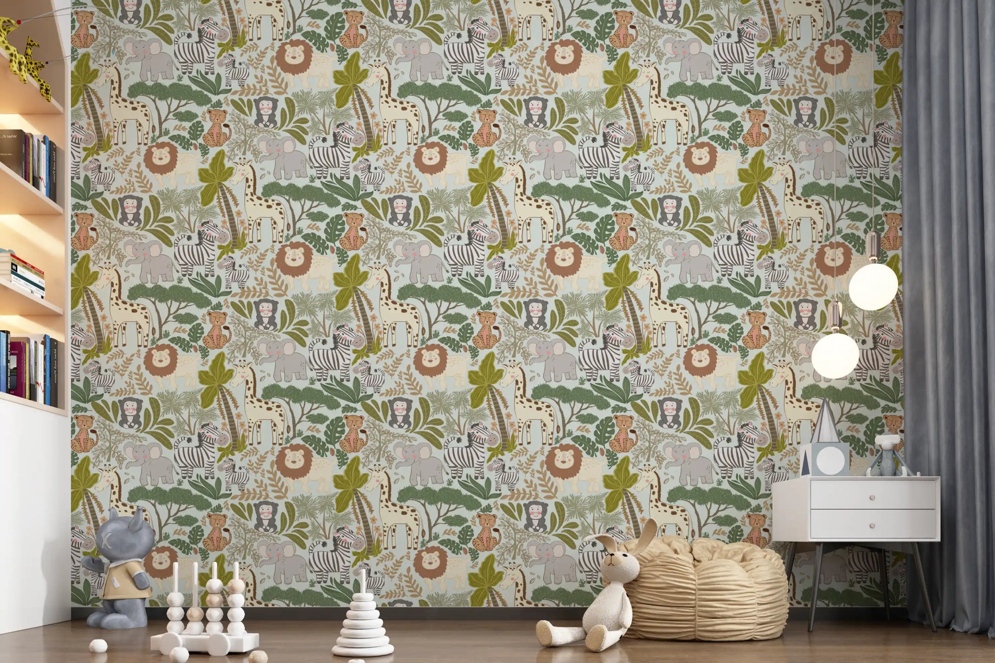 Play area with Enchanted Jungle Crew wallpaper and safari animal artwork
