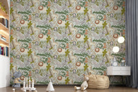 Play area with Enchanted Jungle Crew wallpaper and safari animal artwork