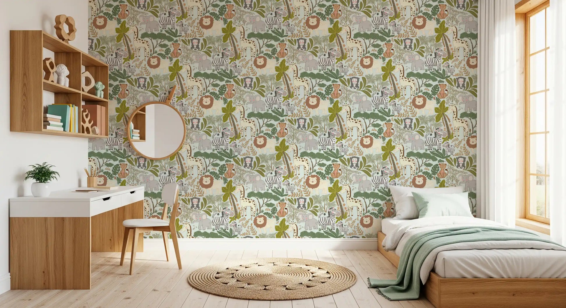 Kids room wall with Enchanted Jungle wallpaper and leafy safari pattern