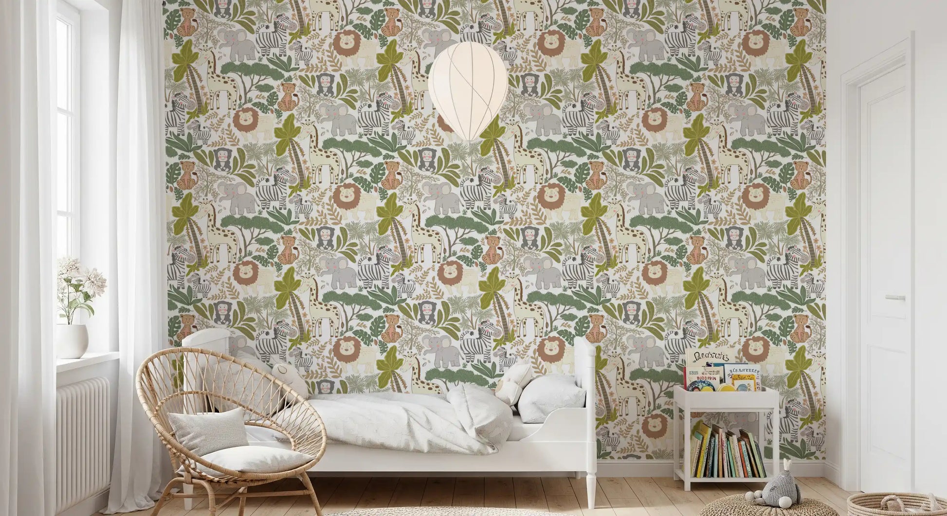 Playful Jungle Pals Wallpaper with lions, giraffes, zebras, and palms