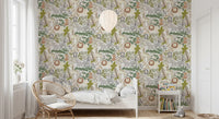 Playful Jungle Pals Wallpaper with lions, giraffes, zebras, and palms