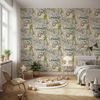 Play area wallpaper with zebras, monkeys, and friendly jungle characters